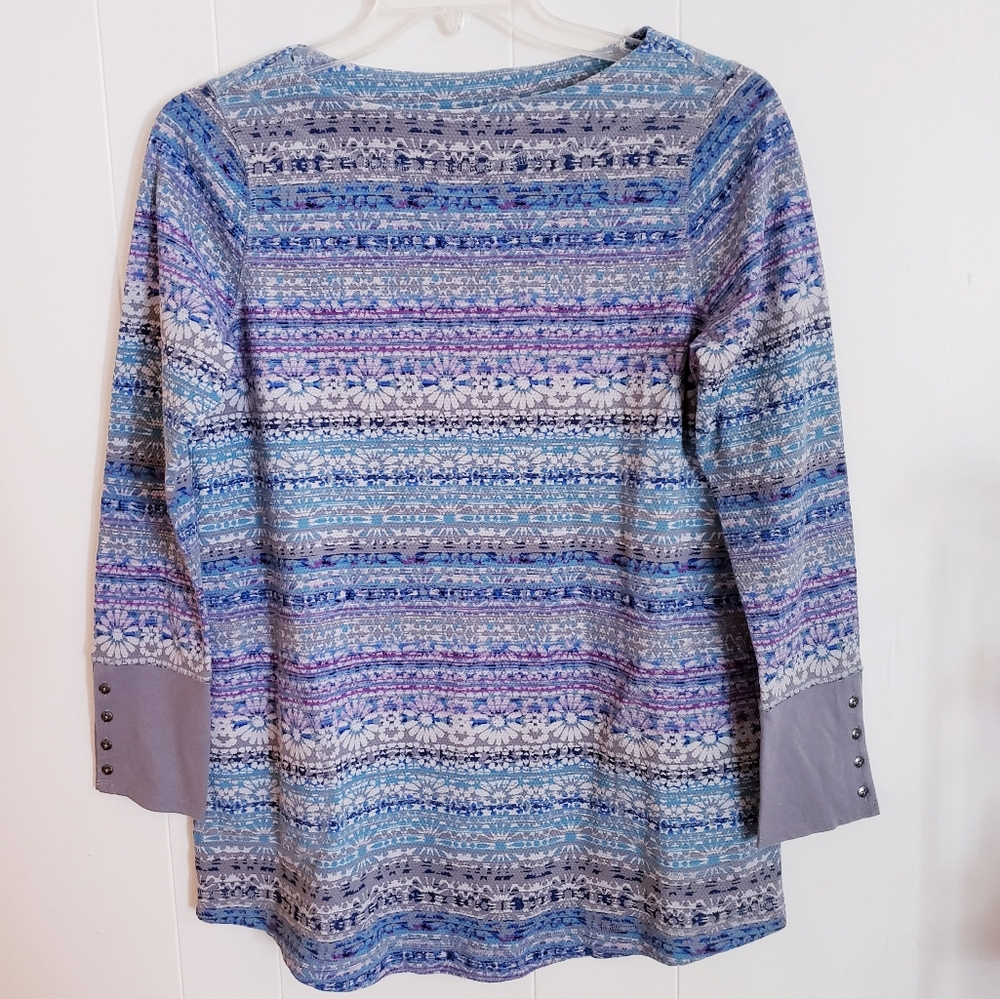 J Jill Women Henley Top Tunic Medium Blue Waffle Knit Cotton LS Pullover